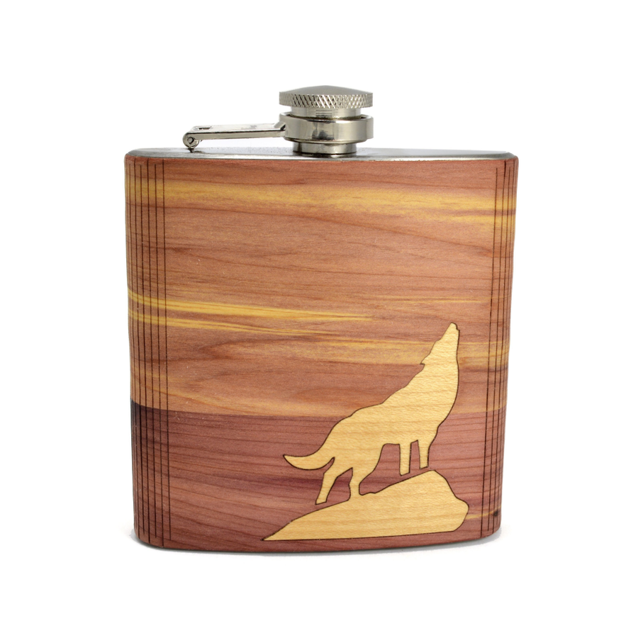 Wolf Handmade Wooden Hip Flask (6 oz)