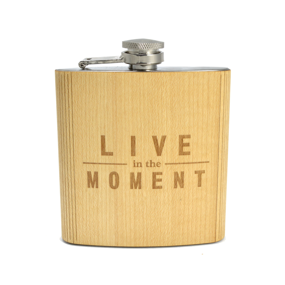 Live in the Moment Handmade Wooden Hip Flask (6 oz)
